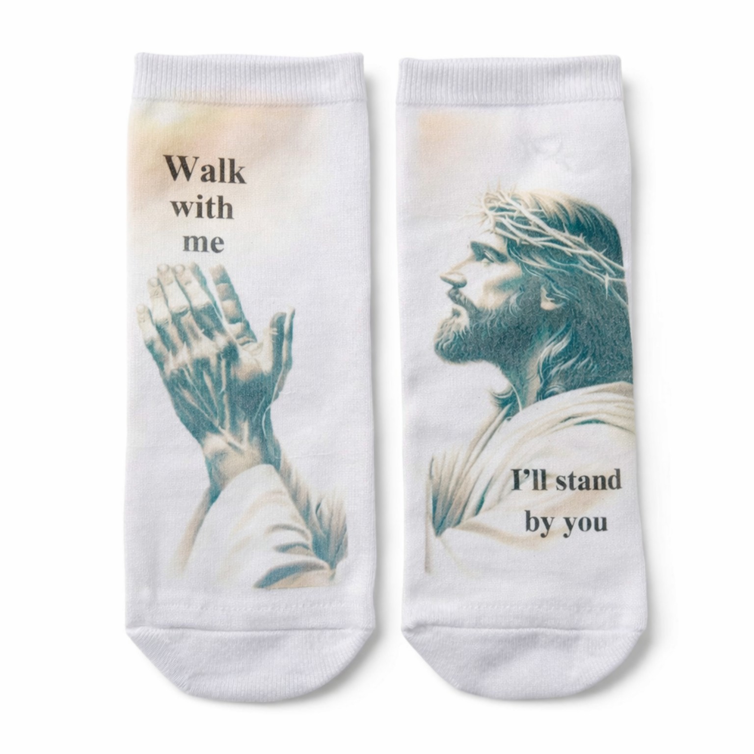 Sock design: praying hands with ‘Walk with me’ on one sock, and Jesus with ‘I’ll stand by you’ on the other.